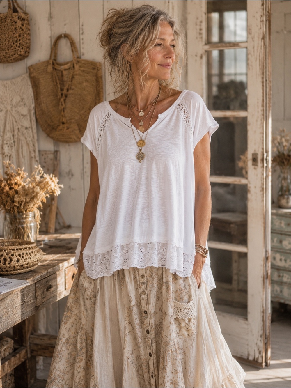 Democracy White Eyelet Detail Top SZ 3X Boho Plus